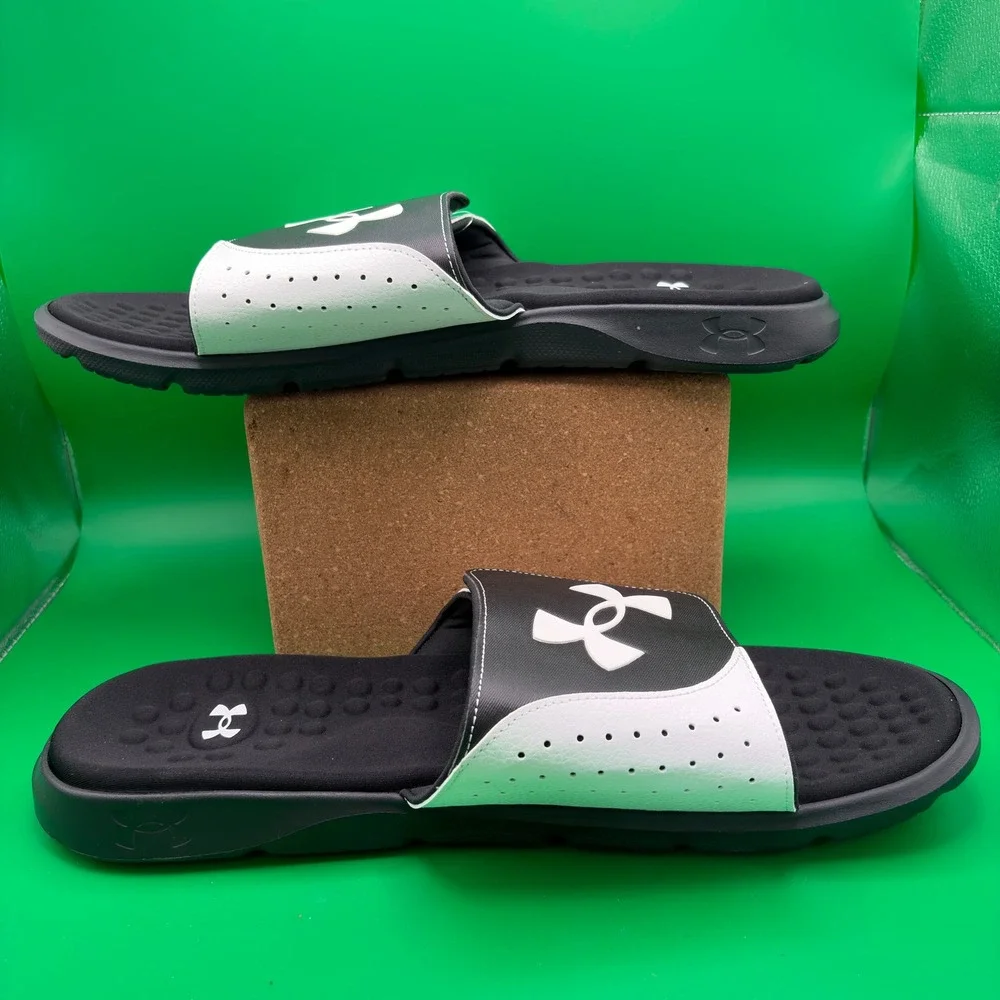 Under Armour Ignite Pro SL Sandals Mens 18 Black/White UA Adjustable Slides NWT